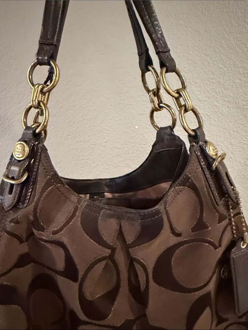 Coach Brown Signature Canvas Shoulder Bag with Gold Hardware